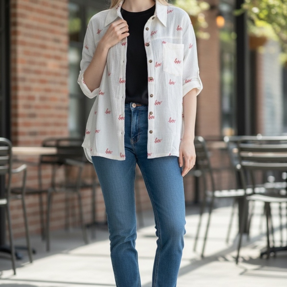 Chic White Button Down Shirt with Red Accents